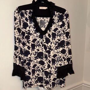 Tory Burch ruffle neck blouse size large black blue cream floral viscose silk
